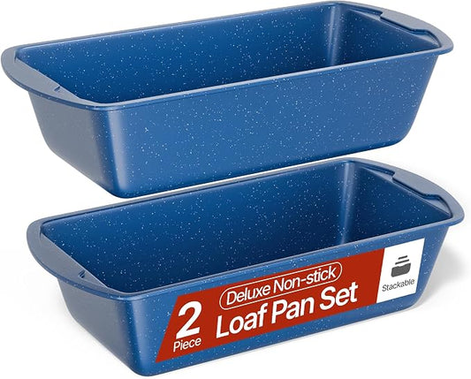 Nonstick Loaf Pan Set Pack of 2, 10.2" & 11" Large Baking Bread Pan, Oven Safe Up to 450°F, PFOA, PFOS, PTFE Free, Space Saving Stackable Design, Stain Resistant, Dishwasher Friendly, Blue Marble