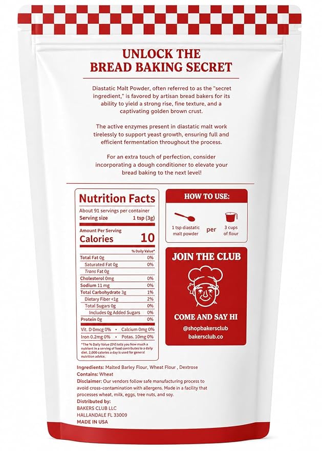 Bakers Club Artisan Diastatic Malt Powder 10oz - Enhance Flavor, Crust, Rise, Texture - Baking Bread, Pizza Crust, Pretzels, Desserts, Muffins, Bagels, Sourdough, Milkshakes - Made in USA, Malted Barley Flour 10oz