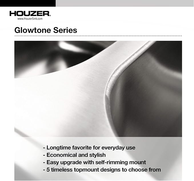 Houzer 2522-9BS4-C Glowtone 25 Inch Stainless Steel Kitchen Sink, 4 Hole, Drop-In, Topmount, 18-Gauge T304 Stainless Steel, 9 Inch Depth, Cabinet Compatibility, Lustrous Satin Finish
