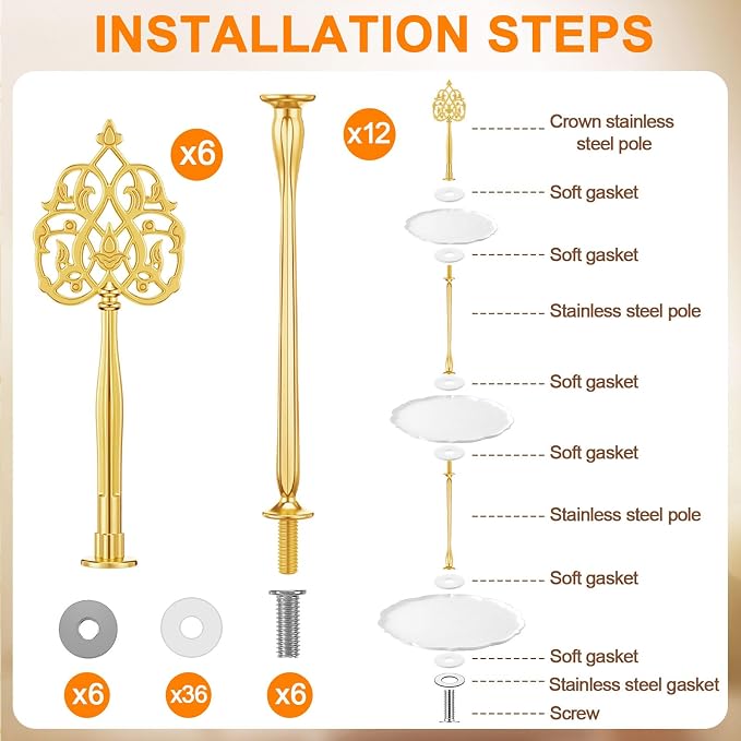 Patelai 6 Sets 3 Tier Cake Stand Hardware Tiered Tray Plate Hardware Kit Heavy Metal Cake Fruit Food Plate Stand Fitting Stacking Kit for Serving Dessert Cupcake Dish (Vintage,Gold)