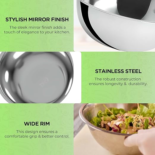 OCS Parts 5 Quart Mixing Bowls | Set of 4 | 11.25-Inch Stainless Steel Professional Grade Flat Base Mixing Bowls for Home and Commercial Kitchens | Dishwasher Safe