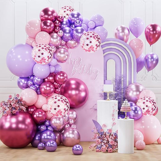 PartyWoo Pink and Purple Balloon Arch Kit Garland 140pcs Different Sizes of 18 12 10 5 Inch Metallic Baby Pink Hot Pink Chrome Light Purple Gold Confetti Balloons for Birthday Party Decorations