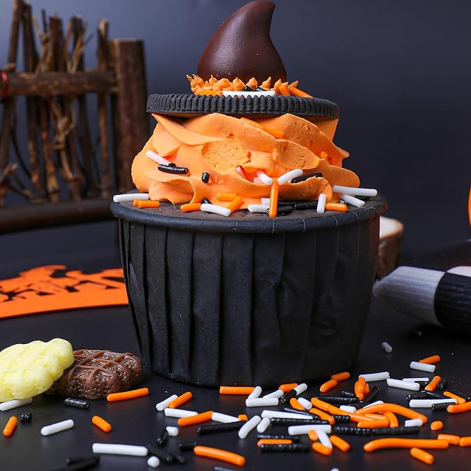 Halloween Jimmies Sprinkles - Black Orange White Jimmies Mix for Cake Decorating, Edible Cookie Cupcake Decorations for Fall Thanksgiving Halloween Baking & Party Treats
