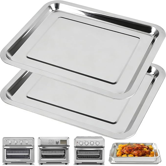 Baking Sheet Pan Set of 2, 12.4"x11" Stainless Steel Air Fryer Pan Replacement Tray for Cuisinart TOA-060 and TOA-065 TOA-70 Toaster Oven Accessories Parts for Cooking Bread and Broiling, NonStick