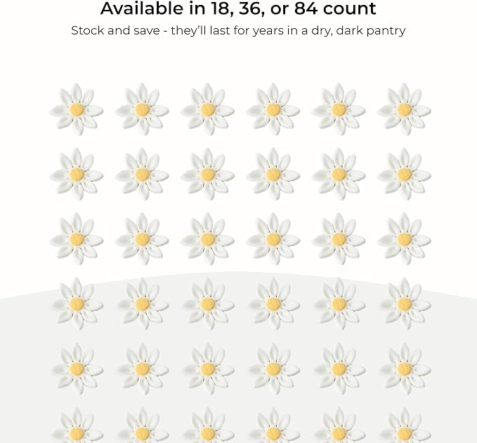 18 Count Edible Daisy Cake Decorations, Small Edible Flowers, White & Yellow Sugar Flowers, Daisy Cupcake Toppers for Cakes & Cupcakes, Edible Cake Decorations, Global Sugar Art (1 Inch)
