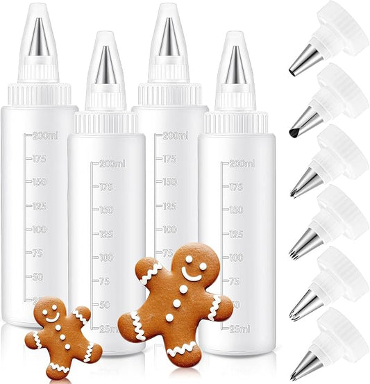 LemonRoad 4 Pcs Piping Bottles for Icing Cookie Decorating Supplies Plastic Squeeze Bottles with 6 Different Piping Tips for Cookie Icing Kit Pancake Squeezing Applicator Writer(8 oz)