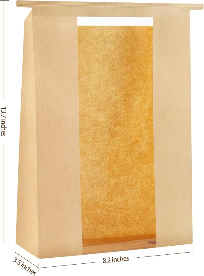 Ohuimrt Large Paper Sourdough Bread Bags with Tin Tie Tab Lock, 50 PCS | 13.7 x 8.2 x 3.5 Inches, Resealable Bakery Bags With Window, For Homemade Bread Loaf