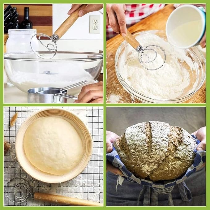 Danish Dough Whisk with Dough Scraper Bread Lame with 5 Blades and Leather Cover 13" Dutch Bread Whisk Bread Mixer Stainless Steel Dutch Bread Dough Whisk Hand Mixer for Sourdough, Pizza, Pastry, Cake