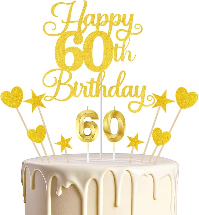 Happy 60th Birthday Cake Topper for 60th Birthday Decorations Numeral 60 Candle with Glitter Heart Cupcake Picks Set for Men Women Hello 60 Birthday Anniversary Party Cake Decor Supplies（GOLD）