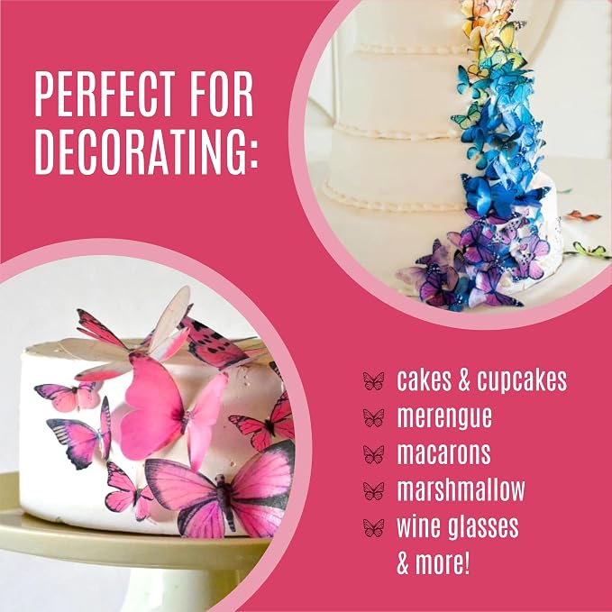 Sugar Robot Inc. Edible Butterflies for Cake Decorating - Assorted Sizes, Premium Crafted in the USA - Butterfly Cake Toppers & Cupcake Decorations (Pink)