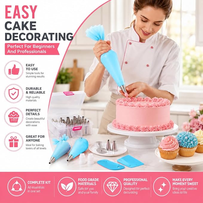 82 pcs Cake Decorating Kit,Baking Supplies Tools, | 48 Piping Tips,3 Cake Spatulas,1 Piping Shears,1 Smoother,2 Converters,20 Disposable Piping Bags+2 Reusable Pastry Bags