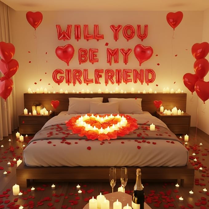 HyDren 18" Will You Be My Girlfriend Balloons Letters Kit Include Heart Shaped Balloons and LED Tealight Candles with Rose Petals Romantic Girlfriend Proposal Kit Valentines Day Decorations(Red)