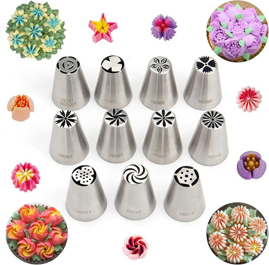11 Pcs Small Stainless Steel Russian Flower Icing Tips Set,Cake Decorating Piping Tips for Cupcakes,Bakery,Dessert,Pastry Baking Tools