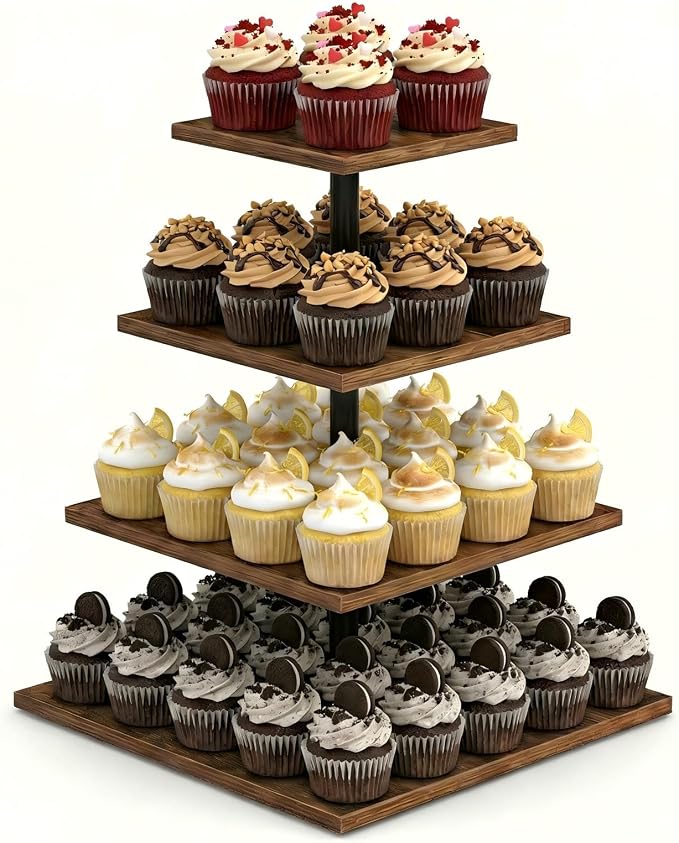 Wooden 4 Tier Cupcake Stand for 50 Cupcakes,Cupcake Holder,Cupcake Tower,Tiered Tray Stand for Birthday Bar Décor Weddings,Parties Events, Dark Brown