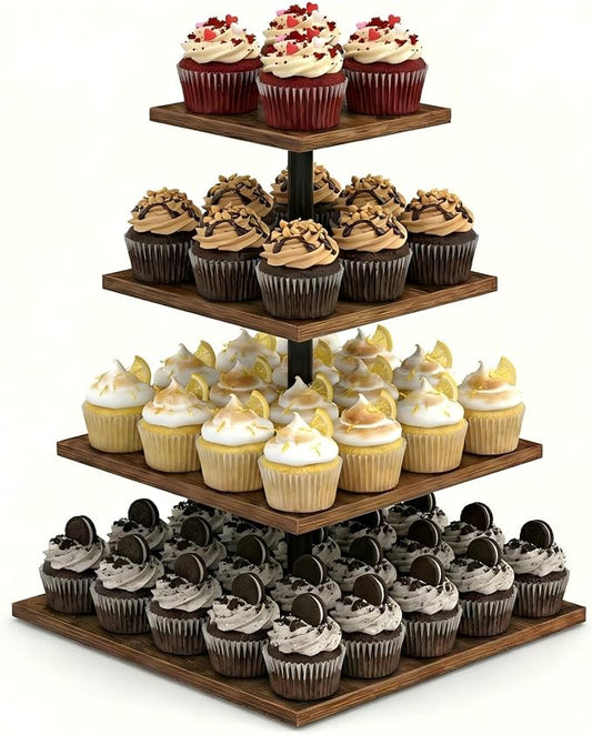 Wooden 4 Tier Cupcake Stand for 50 Cupcakes,Cupcake Holder,Cupcake Tower,Tiered Tray Stand for Birthday Bar Décor Weddings,Parties Events, Dark Brown