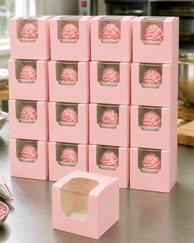Bakepacker Auto-pop up Cupcake Boxes 100-Packs Individual Cupcake Container Pink 3.5" x 3.5" x 3.5" Single Cupcake Boxes