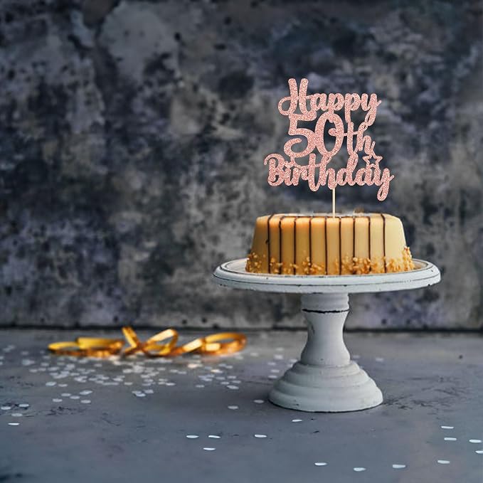 Gyufise 1Pc Happy 50th Birthday Cake Topper Glitter 50 & Fabulous Cheers to 50 Years Old 50th Birthday Cake Pick for Celebrating 50th Birthday Anniversary Party Cake Decorations Rose Gold