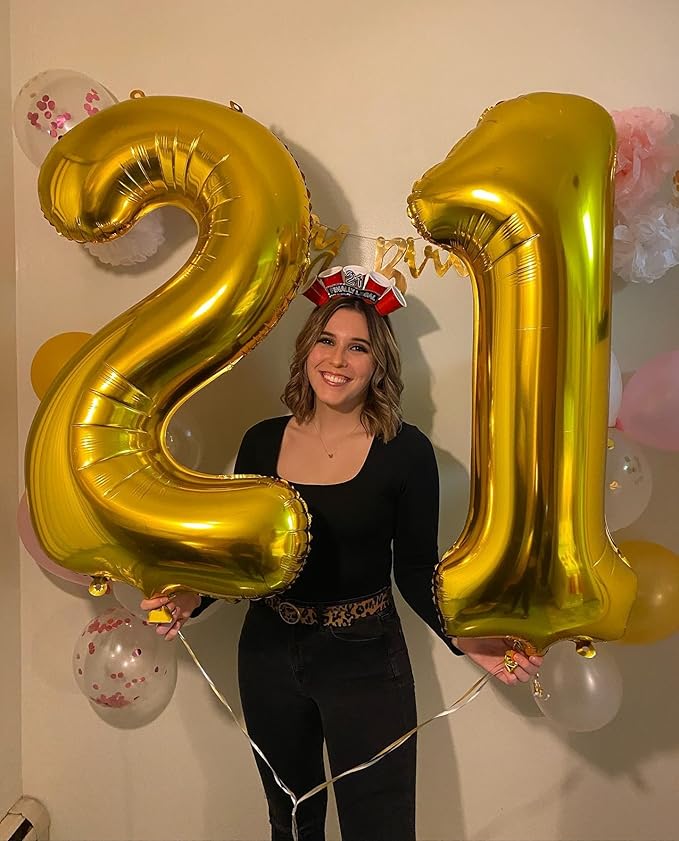 Gold Number 21 Balloon 40 inch, 21 Number Balloons, 21st Gold Birthday Decorations, 21 Year Old Women Men Golden Party Supplies