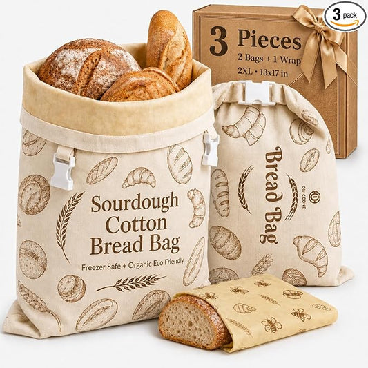 Cotton Beeswax Bread Bags for Sourdough - 3 Pack Reusable 2XL Set with Beeswax Wrap & Buckle Closure, Freezer Safe, Eco-Friendly Organic Storage for Homemade Bread & Artisan Loaves