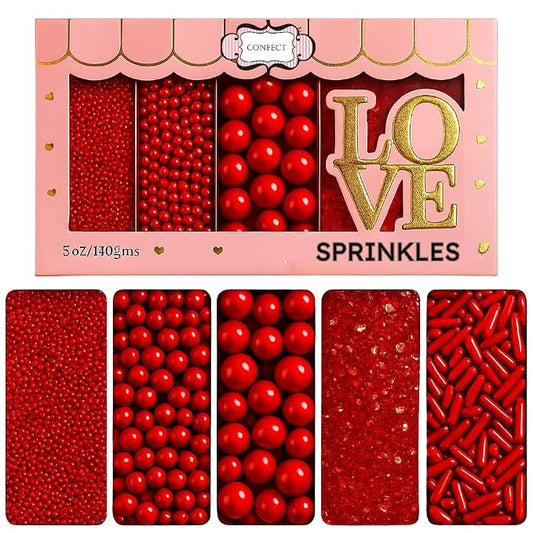 Confect Red Sprinkles Mix – Valentine’s Day, Birthday Cake & Cupcake Decoration – Includes Dragees, Jimmies & Sparkling Sugar –Edible Dessert Topping-Vegan, Gluten-Free, Nut-Free, Soy-Free, Dairy-Free, Palm Oil-Free- 5 Oz