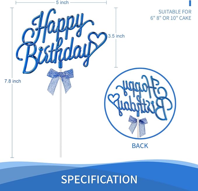 Royal Blue Happy Birthday Cake Topper Plastic - 3D Double Sided Cursive Happy Birthday Sign for Cake with Bow, Idea for Cake Decoration (ROYAL BLUE)