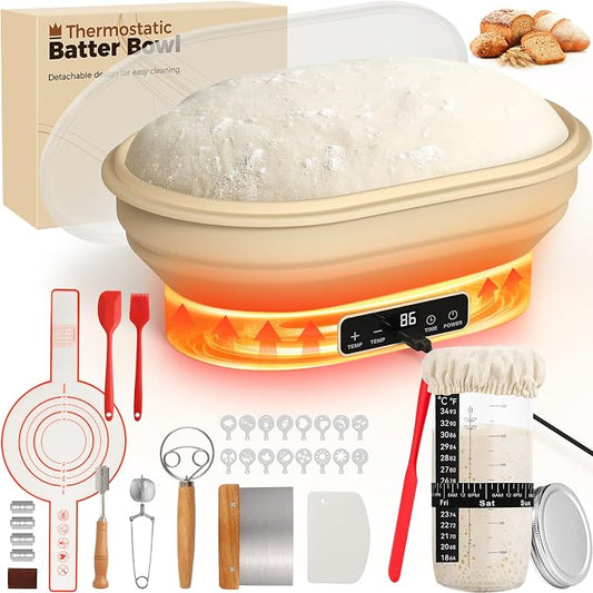 Heating Complete Sourdough Starter Kit, 4L Electric Thermostatic Silicone Oval Foldable Banneton Bread Proofing Basket with 6 Timer & Temp Settings for Dough Rising, Dishwasher Safe, Bread Making Kit