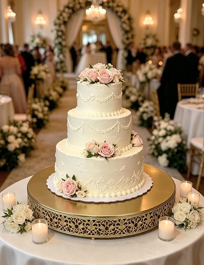16 Inch Luxury Light Gold Cake Stand, Round Metal Dessert Display with Ornate Filigree Lace, Dual‑Coated Premium Finish for Wedding, Anniversary & Elegant Home Decor