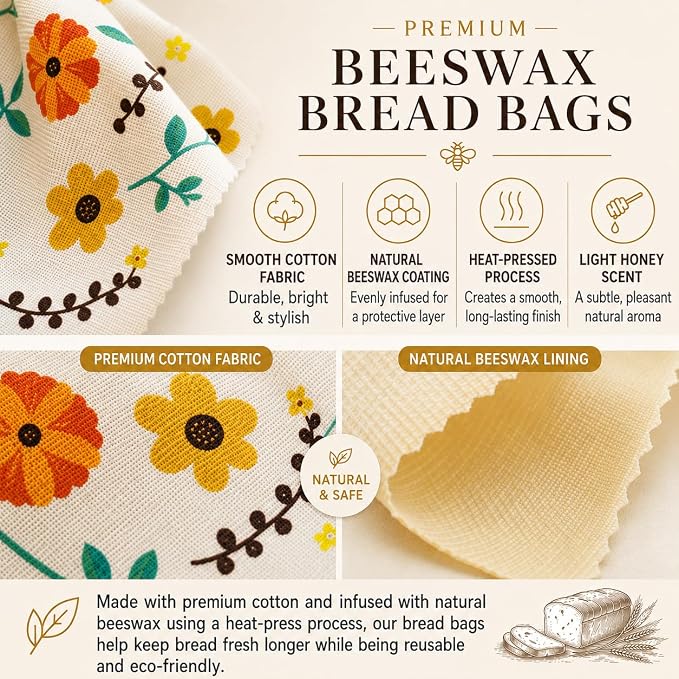 Beeswax Bread Bags 17×13 Inch (2 Pack) with Zipper, Reusable Cotton Bread Bags for Homemade Bread Storage and Freezing, Double Seal to Lock in Moisture