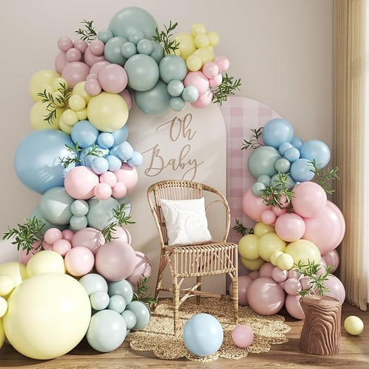 Pink Blue Yellow Pastel Balloon Arch Kit, 124Pcs Macaron Light Pink Blue Yellow Balloons for Spring Tea Party Baby Shower Wedding Birthday Gender Reveal Party Decorations