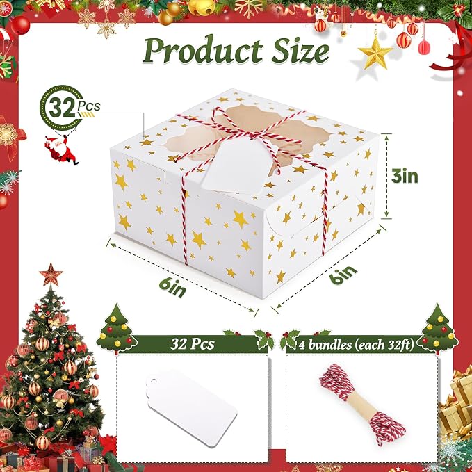 32Pcs 6x6x3 in Christmas Cookie Boxes with Window, White Bakery Boxes for Cookie, Treat Boxes Pastry Boxes for Gift Giving, Chocolate Covered Strawberries, Dessert, Donut, Cupcakes Muffins