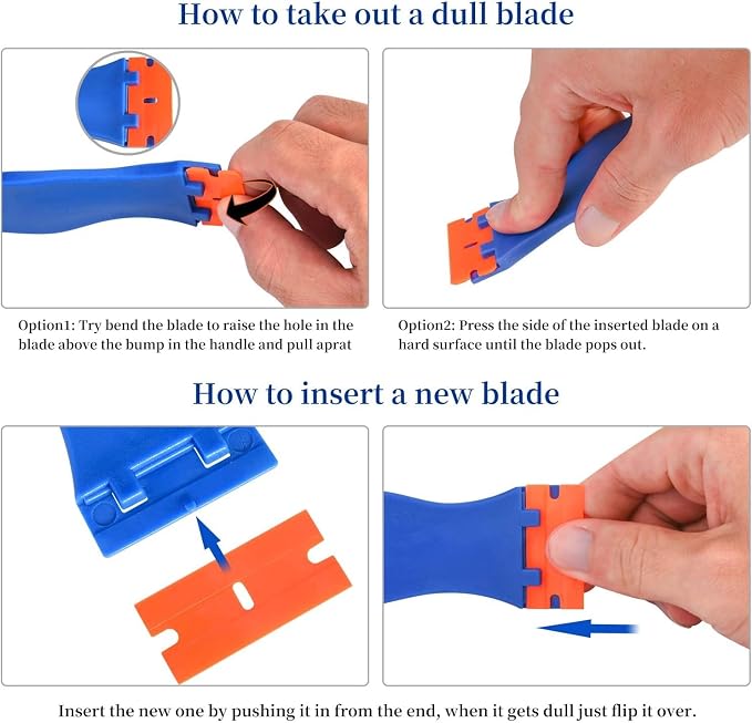 8 PCS Plastic Razor Blade Scraper Tool with 100 PCS Extra Blades, Cleaning Scraper Remover for Stickers Lables Paints Adhesives on Window Glass Car