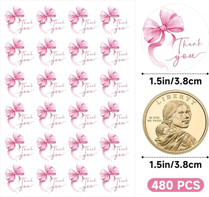 Anwyll Bow Thank You Stickers - Pink Thank You Stickers for Small Business 480Pcs 1.5In Thank You Sticker for Packaging Self Adhesive Thank You Party Favor Seal Label Sticker for Baby Shower Birthday