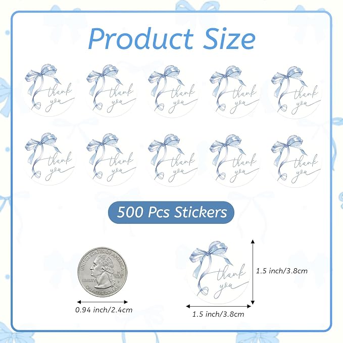 500Pcs Blue Thank You Stickers, 1.5 Inch Watercolor Bowknot Thank You Labels, Self-Adhesive Small Business Stickers for Gift Packaging (Blue)