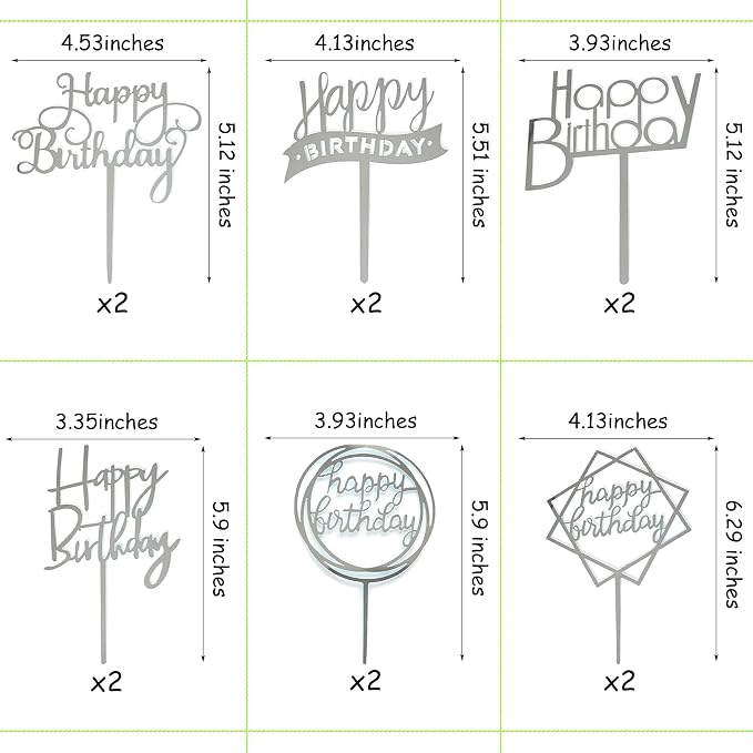 12 Pack Multi Styles Birthday Cake Topper Set, Acrylic Cake Bunting Decor Birthday Cake Picks Party Decorations Supplies(Silver)