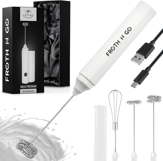 Zulay Froth N Go Milk Frother – Rechargeable 3-in-1 Handheld Frother Wand with Travel Case & USB-C Charger – Single, Double & Egg Whisk for Latte, Cappuccino, Matcha, Protein Shakes - Diamond White