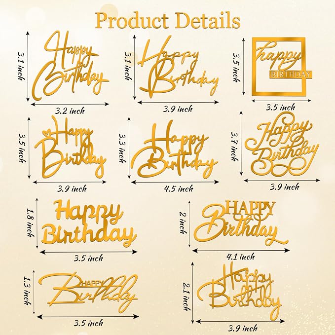 Wootkey 10 PCS Gold Happy Birthday Cake Topper Mirror Acrylic Cupcake Toppers Double-Sided Happy Birthday Sign for Cake Side Cupcake DIY Birthday Gift Flower Bouquet Decor