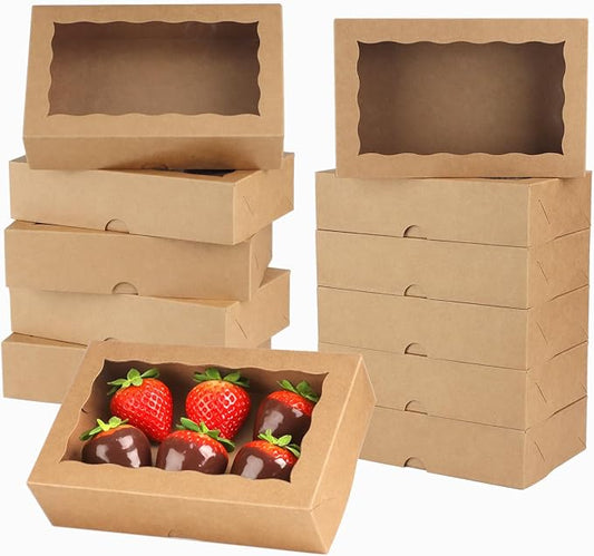 TEMLQPACK 50PCS 8x5x2Inch Brown Cookie Boxes Bakery Boxes with Window for Cakesickle, Chocolate Truffle, Chocolate Covered Strawberry, Pretzel &More