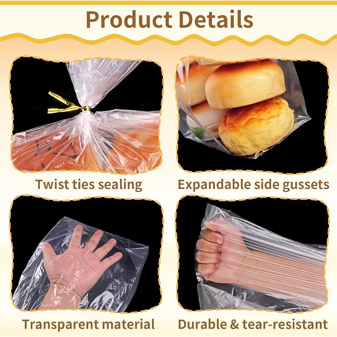 Bread Bags with Ties, 60 Clear Bread Bags for Homemade Bread and 100 Ties, Adjustable Reusable Plastic Bread Bags, Bread Loaf Bags for Home Bakers and Bakery Owners