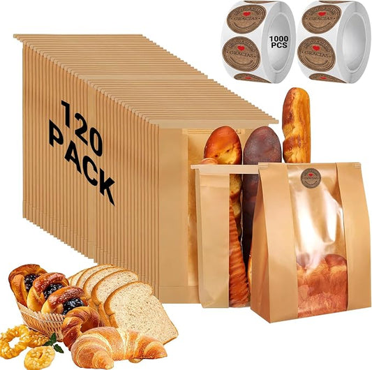 Sourdough Bread Bags with Tin Tie Lock 120 Pack 11.8x3.5x4.7 Inch Paper Bread Bags for Homemade Bread Cookie Bags with Clear Window 1000 Labels Bakery Bags for Bread Storage Baked Goods Packaging
