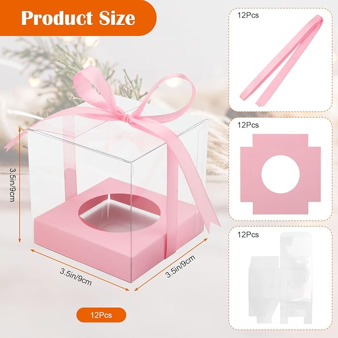 12 Pack Clear Plastic Cupcake Boxes, 3.5 Inch Gold Single Cupcake Containers Disposable Individual Cup Cake Carrier Holder Boxes with Inserts and Ribbon (Pink)