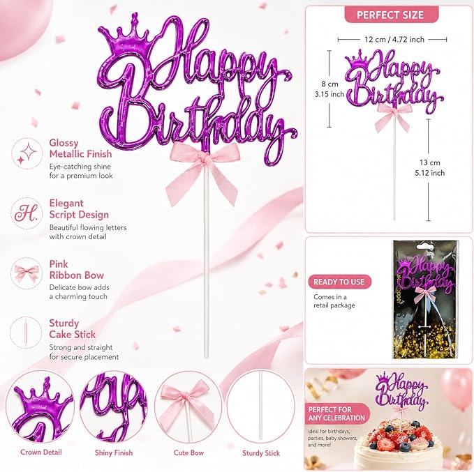 Purple Acrylic Happy Birthday Cake Topper with Crown and Bow | Glossy purple acrylic script with crown and bow adds an elegant finishing touch to birthday cakes and celebration desserts.