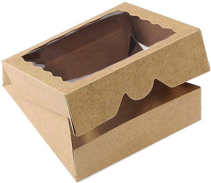 ONE MORE 12inch Kraft Bakery Cookie Boxes, 12x12x2.5inch Large Pie Boxes with PVC Window Natural Disposable Box for Cookie, Pack of 12