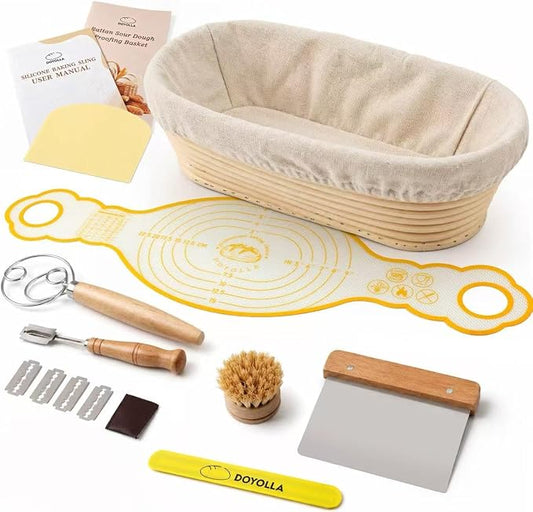 DOYOLLA Bread Proofing Basket Set, Sourdough Starter Kit, Banneton Bread Making Tools with Silicone Bread Sling, Sourdough Bread Making Suppies, Baking Gifts, (Oval,10 inch) | Handmade Rattan