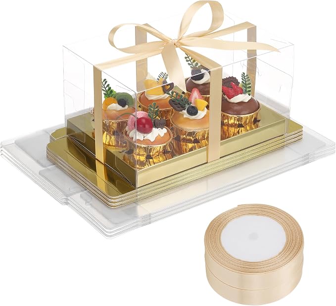 EUSOAR Cupcake Containers, 18 Pack Gold Cupcake Boxes Dessert Cookies Muffins Pastry Carrier 6 Count, Rectangle Bakery Cake Containers Assembly Plastic Holder for Wedding Birthday Party Favor Gifts