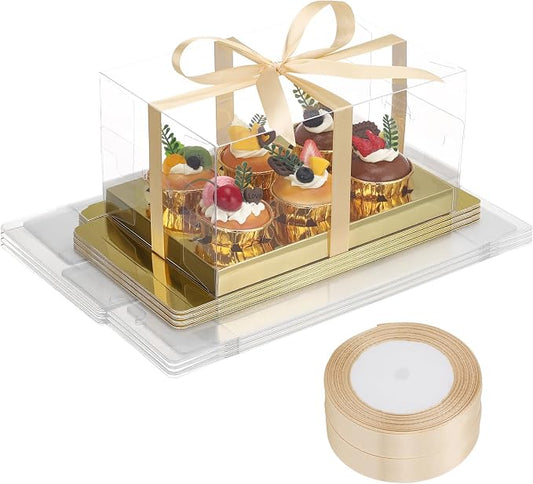 EUSOAR Cupcake Containers, 18 Pack Gold Cupcake Boxes Dessert Cookies Muffins Pastry Carrier 6 Count, Rectangle Bakery Cake Containers Assembly Plastic Holder for Wedding Birthday Party Favor Gifts
