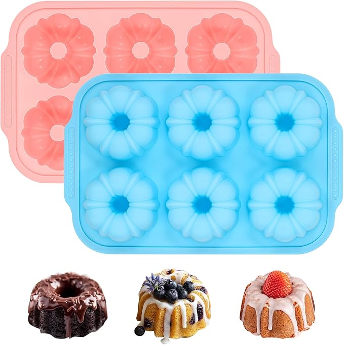FUNBAKY Mini Fluted Tube Cake Pans for Baking with Metal Reinforced Frame, 2Pcs Silicone 6-Cavity Mini Flan Molds, Nonstick Baking Mold for Cupcake, Brownie, Donuts, Cornbread, Jello