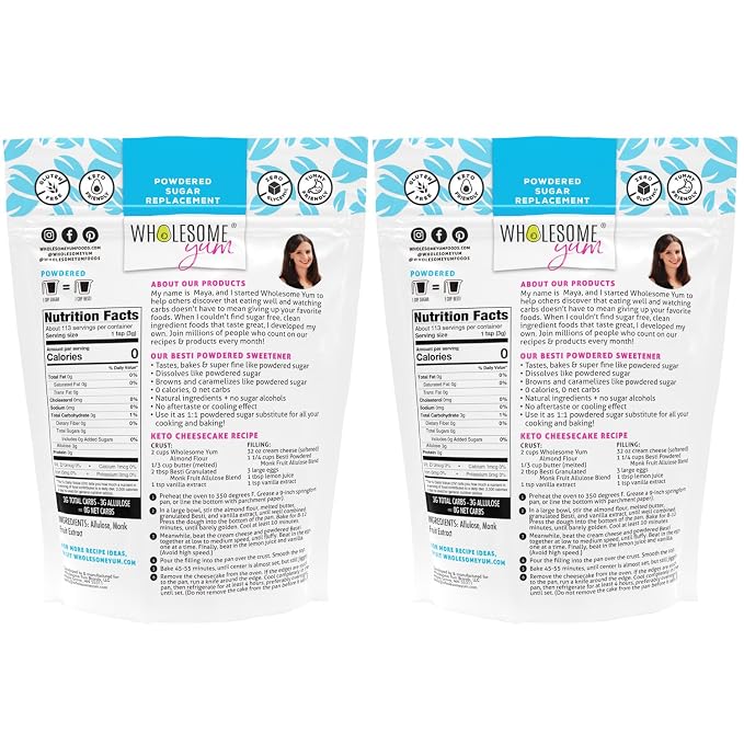 Wholesome Yum Besti Natural Powdered Sugar Substitute - Keto Confectioners Monk Fruit Sweetener Blend With Allulose (No Erythritol) - Non GMO, Zero Carb, Zero Calorie, No Aftertaste (12 oz, 2 Pack)