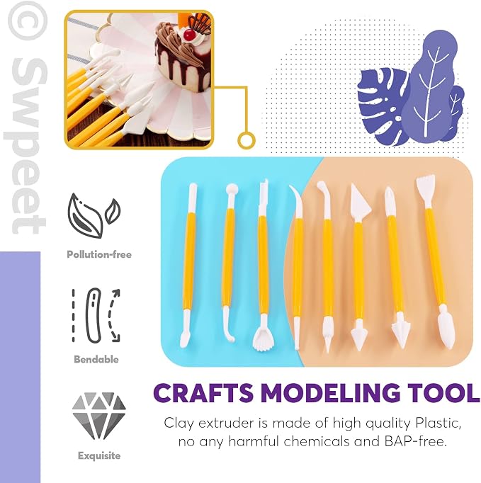 Swpeet 36Pcs Blue Clay Extruder Gun Fondant Sugar Paste Extruder Clay Cake Sculpture Gun, Ball Stylus Dotting Tool with Plastic Scraper, Cake Decorating Supplies Modeling Tool