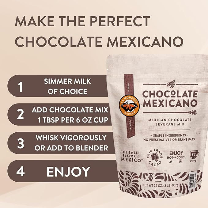 Mexican Hot Chocolate, 32 Ounce (2lb), Authentic Mexican Style Hot Chocolate Mix with Organic Cacao Beans and Cinnamon by La Monarca Bakery | Authentic Mexican recipe from award-winning bakery - rich, creamy texture with premium organic ingredients