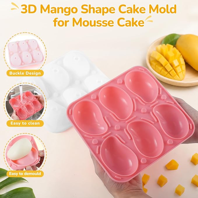 3D Mango Silicone Mold for Mousse, 6-Cavity Fruit Pudding Mango Mold for Baking Pastry, Non-Stick Mango Shape Cake Mold for Mousse Cake, Jelly, Chocolate, Ice Cream